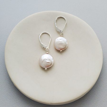 Coin pearl earrings with sterling silver lever backs by Carrie Whelan Designs