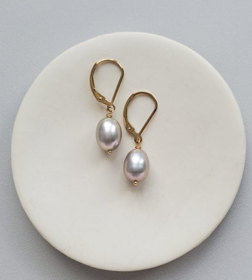 Gray freshwater pearl earrings in 14kt gold fill handmade by Carrie Whelan Designs