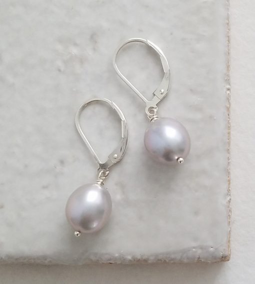 gray freshwater pearl drop earrings handmade by Carrie Whelan Designs