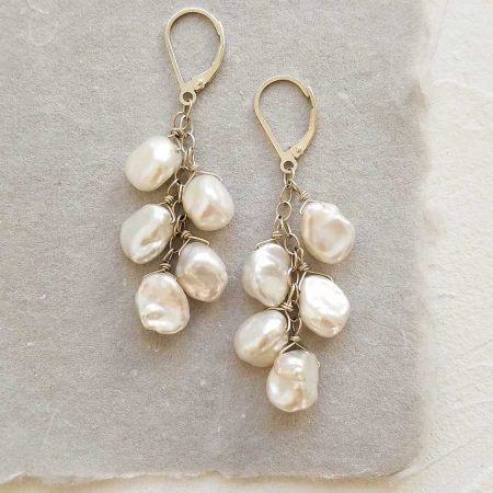White keshi pearl cluster earrings handmade by Carrie Whelan Designs