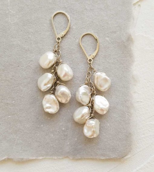 White keshi pearl cluster earrings handmade by Carrie Whelan Designs