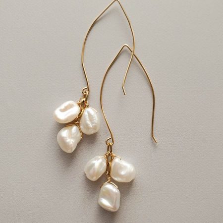 Long keshi pearl cluster earrings in gold handmade by Carrie Whelan Designs