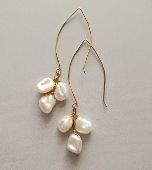 Long keshi pearl cluster earrings in gold handmade by Carrie Whelan Designs