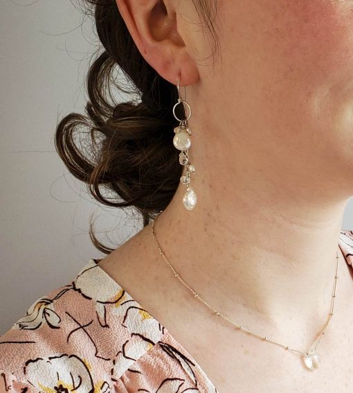 Delicate pearl and gemstone dangle earrings by Carrie Whelan Designs