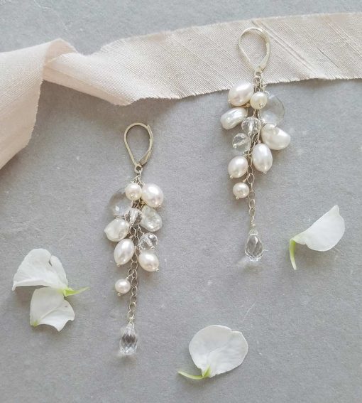 Long cluster pearl bridal earrings handcrafted by Carrie Whelan Designs