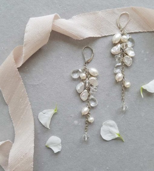 Long pearl and crystal quartz bridal earrings handcrafted by Carrie Whelan Designs