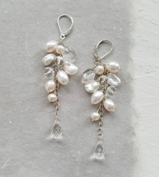 Long pearl and gemstone cluster earrings handmade by Carrie Whelan Designs