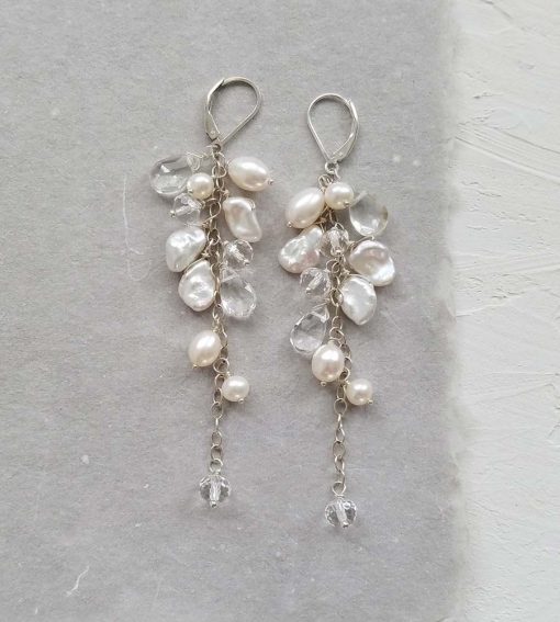 Long freshwater pearl statement earrings handcrafted by Carrie Whelan Designs