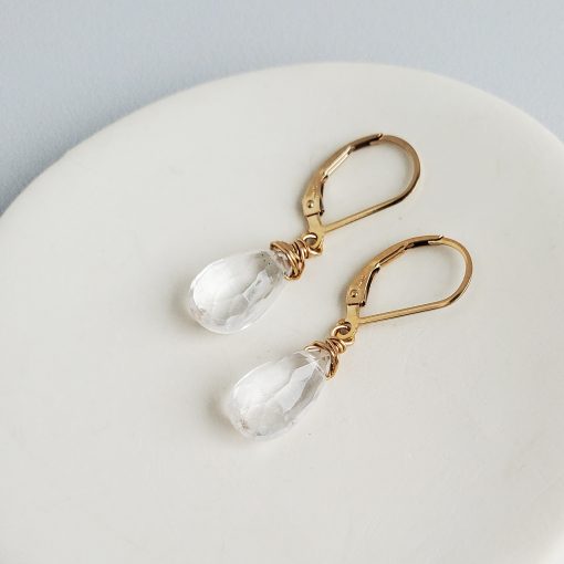 Clear quartz drop earrings in gold handmade by Carrie Whelan Designs