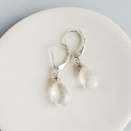 Clear quartz drop earrings in sterling silver handmade by Carrie Whelan Designs