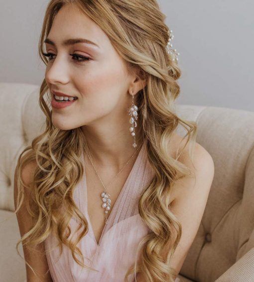 Long dangle pearl cluster bridal earrings handcrafted by Carrie Whelan Designs
