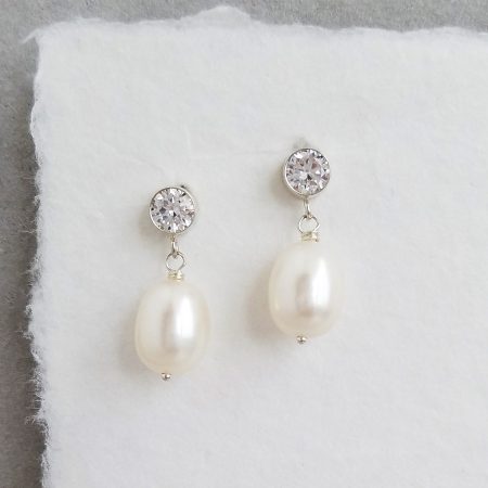 Large pearl CZ post earrings for bride handcrafted by Carrie Whelan Designs