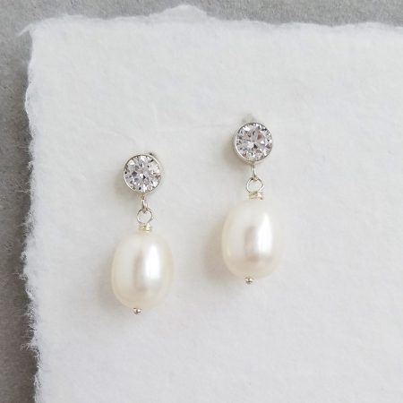 Large pearl CZ earrings for bride handcrafted by Carrie Whelan Designs