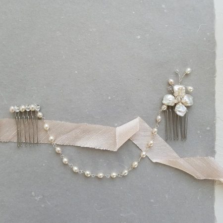 pearl flower hair chain handmade for brides by Carrie Whelan Designs