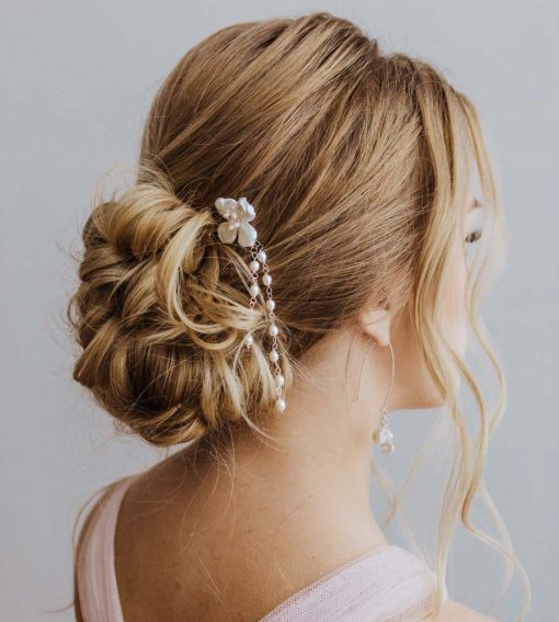 Bridal hair pin flower handcrafted by Carrie Whelan Designs