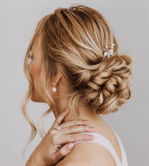 Pearl flower hair pin for bride handcrafted by Carrie Whelan Designs