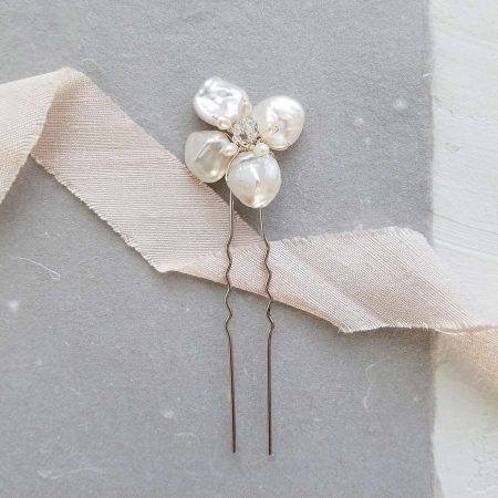 Handmade pearl flower bridal hair pin from Carrie Whelan Designs