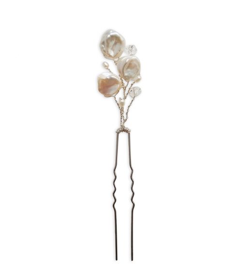 Delicate pearl floral hair pin for weddings handcrafted by Carrie Whelan Designs