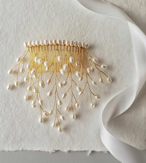 Draping freshwater pearl hair comb for bride handcrafted by Carrie Whelan Designs