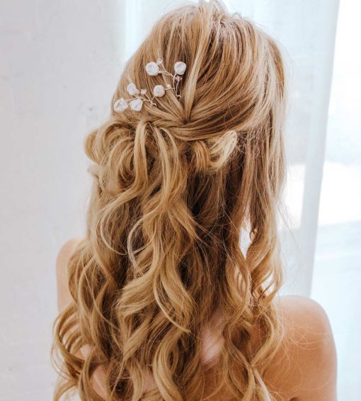 Pearl wedding hair pin handcrafted in silver by Carrie Whelan Designs