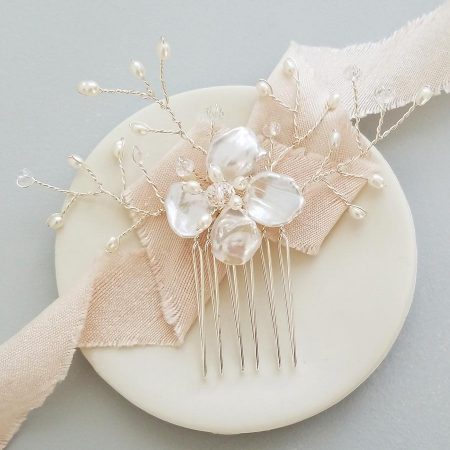 Pearl flower hair comb handmade by Carrie Whelan Designs