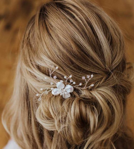 Pearl flower head piece handcrafted by Carrie Whelan Designs