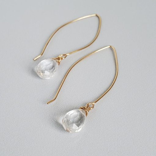 Clear quartz long wire earrings in gold from Carrie Whelan Designs