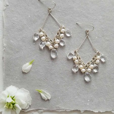 Handcrafted pearl and gem chandelier earrings handmade bridal by Carrie Whelan Designs