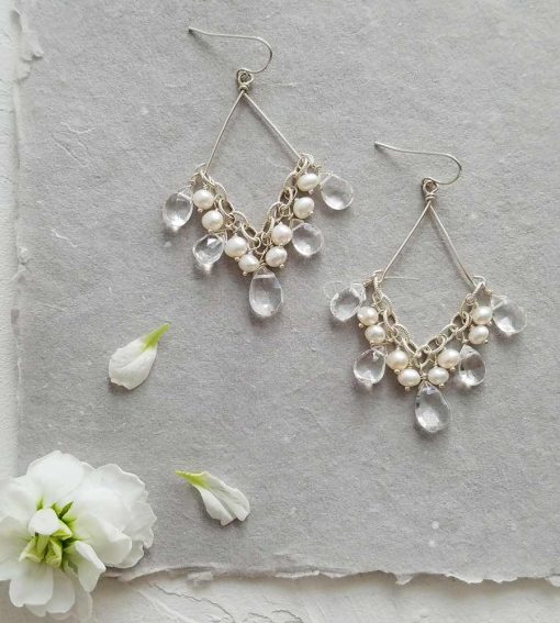 Handcrafted pearl and gem chandelier earrings handmade bridal by Carrie Whelan Designs