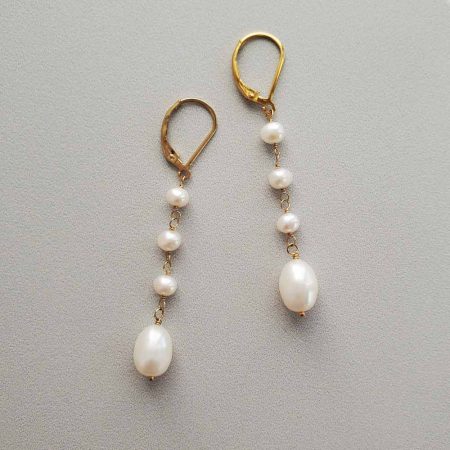 Linear pearl drop earrings in gold fill by Carrie Whelan Designs