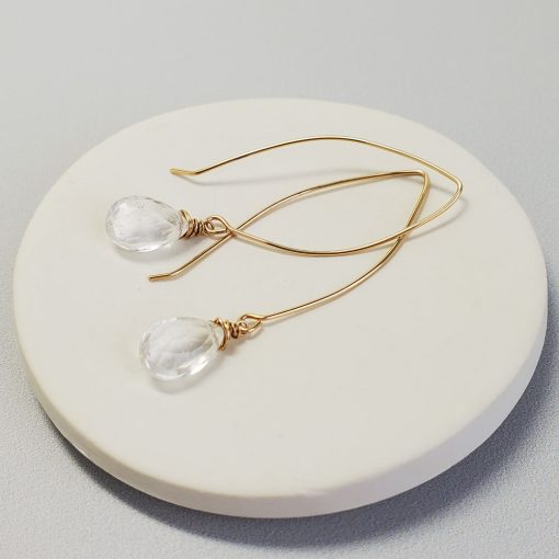 Long quartz wire earrings in gold from Carrie Whelan Designs
