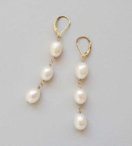 Triple drop large pearl earrings in 14kt gold fill handmade by Carrie Whelan Designs