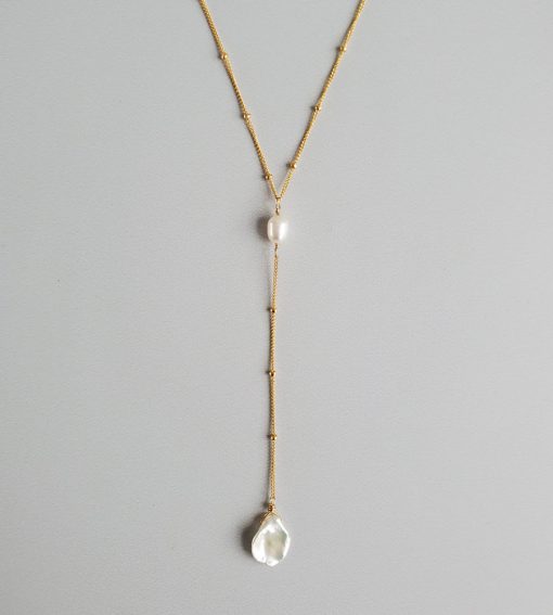 14kt gold fill beaded chain keshi pearl Y necklace handcrafted by Carrie Whelan Designs