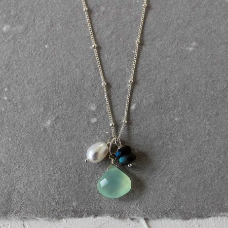 Aqua chalcedony and labradorite gemstone cluster necklace handcrafted by Carrie Whelan Designs