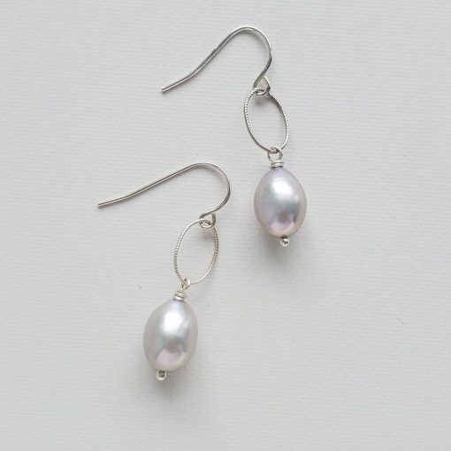 gray pearl link drop earrings handcrafted by Carrie Whelan Designs