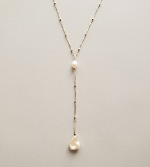 Keshi pearl silver lariat necklace handmade by Carrie Whelan Designs