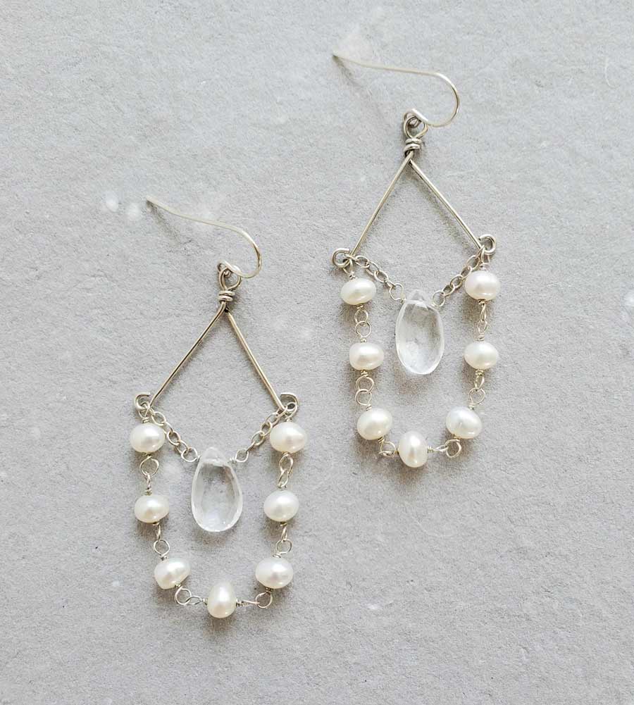 Delicate freshwater pearl chandelier earrings handmade in silver by Carrie Whelan Designs