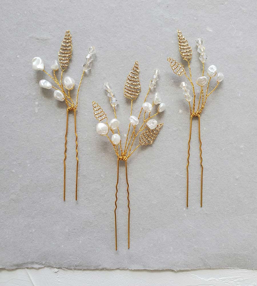 Gold leaf & pearl bridal hair pin set for a bride by Carrie Whelan Designs