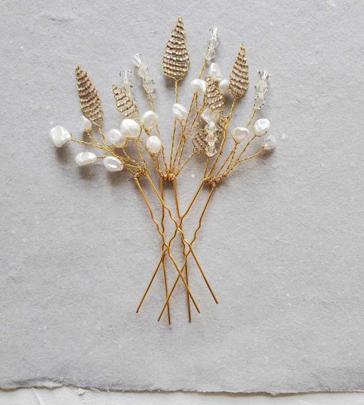 Gold beaded leaf and pearl hair pin set for bride by Carrie Whelan Designs