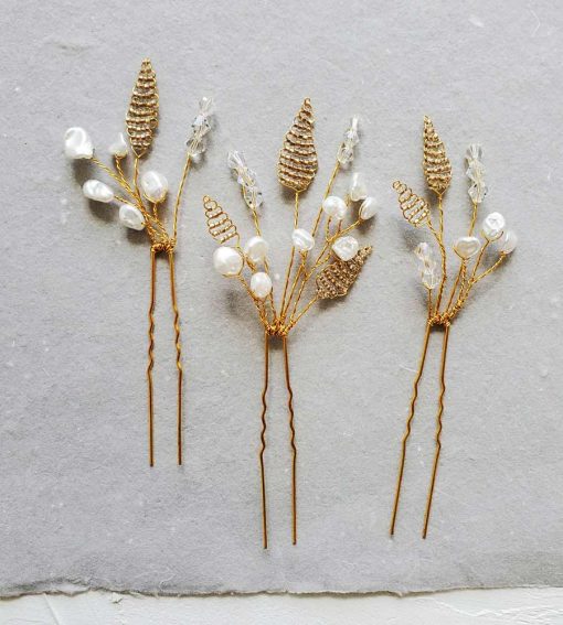 Romantic pearl floral hair pin set in gold hair pin set for bride by Carrie Whelan Designs