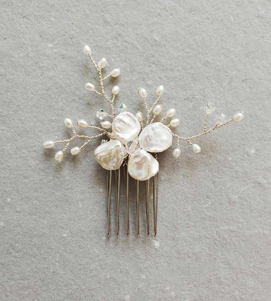 Keshi pearl bridal hair comb in silver handmade by Carrie Whelan Designs