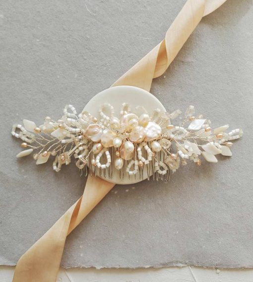 Peach keshi pearl bridal hair comb handcrafted by Carrie Whelan Designs