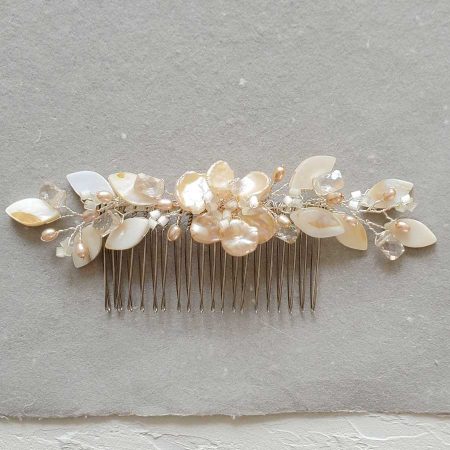 Peach floral bridal hair comb handmade by Carrie Whelan Designs