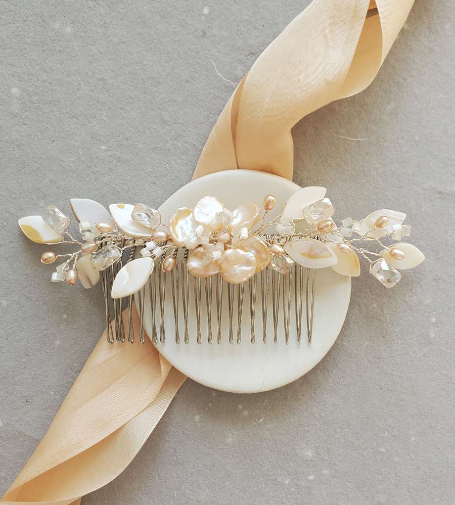 Peach pearl floral hair comb for bride handmade by Carrie Whelan Designs