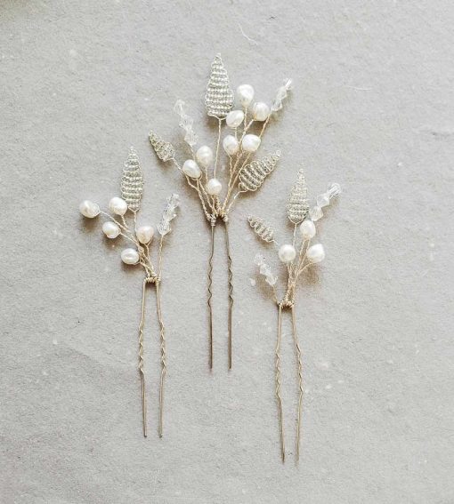 Silver leaf and pearl hair pin set for bride by Carrie Whelan Designs
