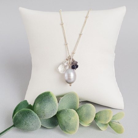 Gray pearl and gemstone cluster pendant handmade by Carrie Whelan Designs