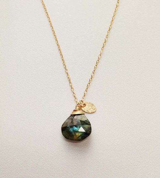 Labradorite and gold charm pendant necklace handcrafted by Carrie Whelan Designs