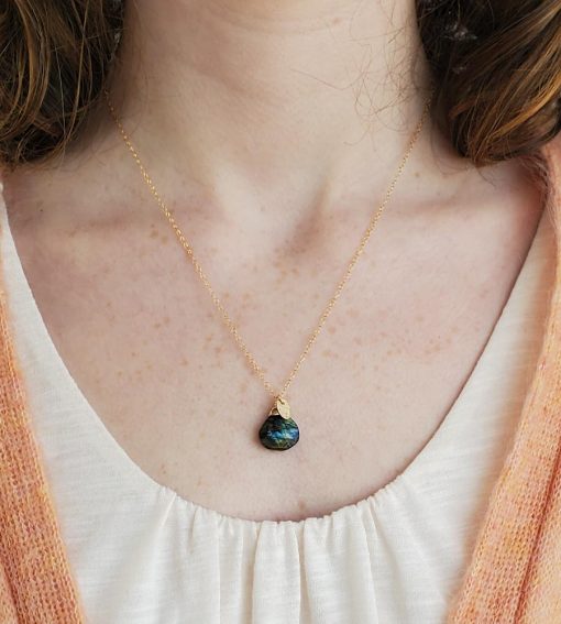 Labradorite and gold charm pendant necklace handcrafted by Carrie Whelan Designs