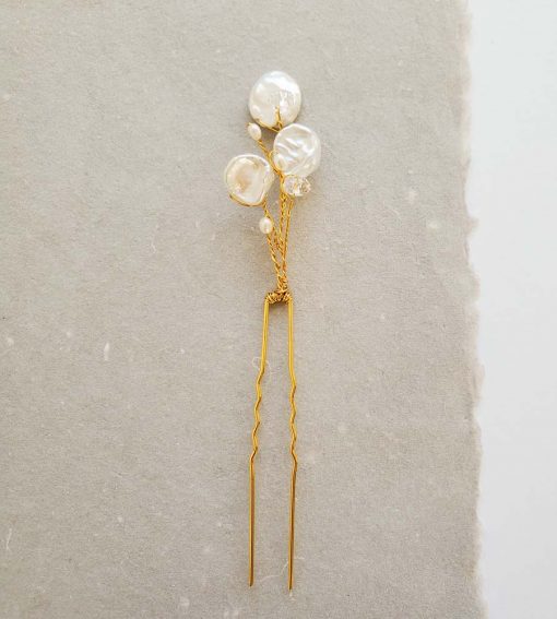 Freshwater pearl petal gold bridal hair pin handmade Carrie Whelan Designs