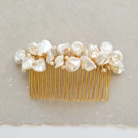 handmade freshwater keshi pearl hair comb in gold for bride by Carrie Whelan Designs